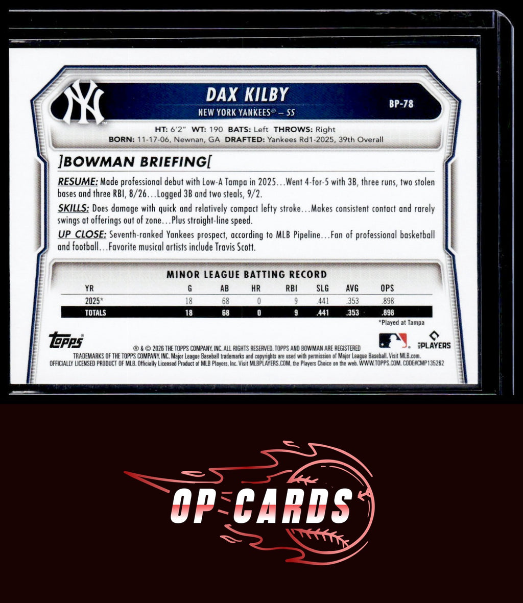Dax Kilby 2026 Bowman #BP-78 Prospects Pink #/175