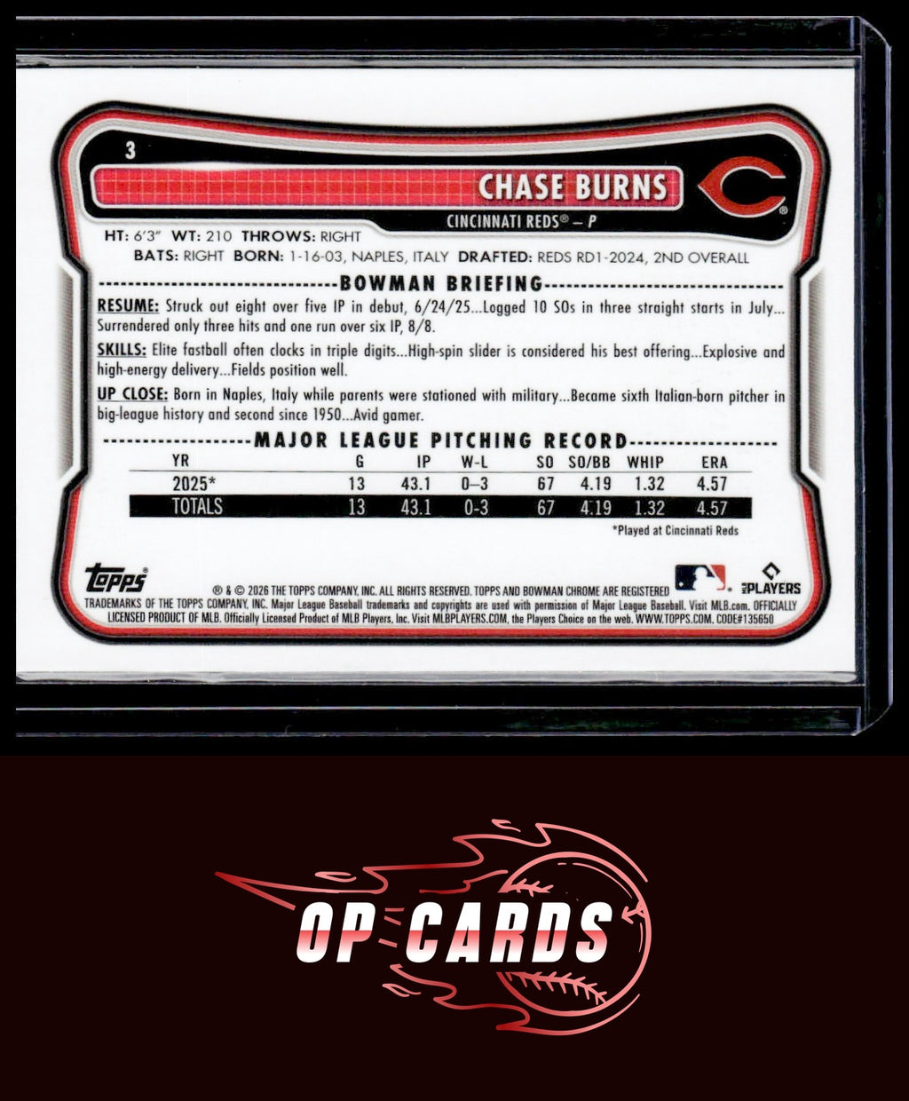 Chase Burns 2026 Bowman #3 Rookie Red RC Logo