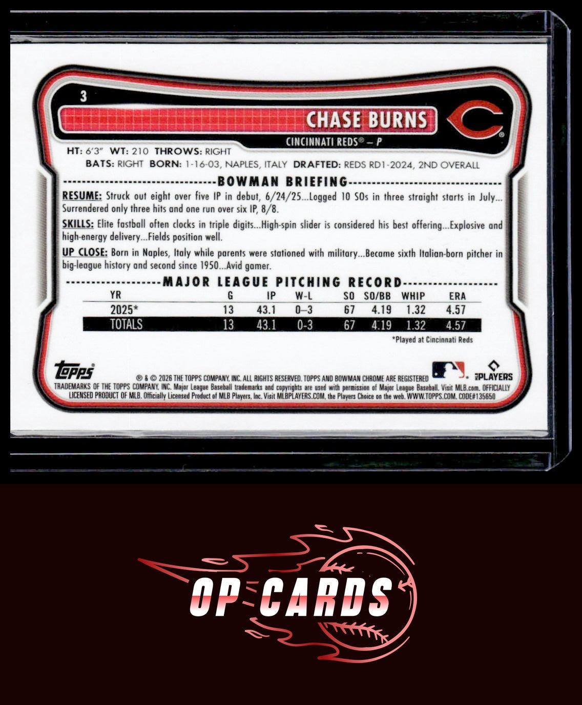Chase Burns 2026 Bowman #3 Rookie Red RC Logo