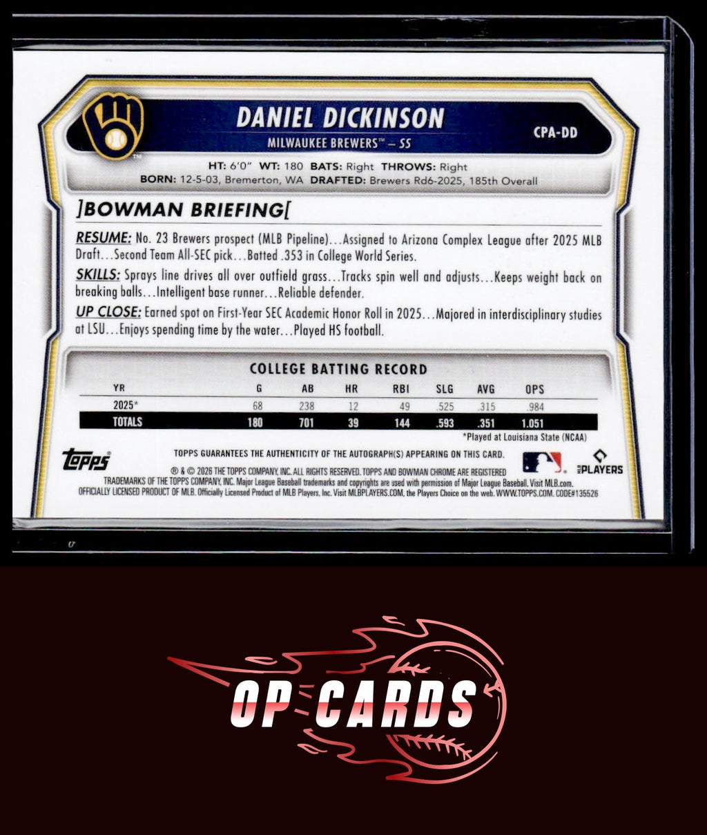 Daniel Dickinson 2026 Bowman #CPA-DD Chrome Prospects Autograph