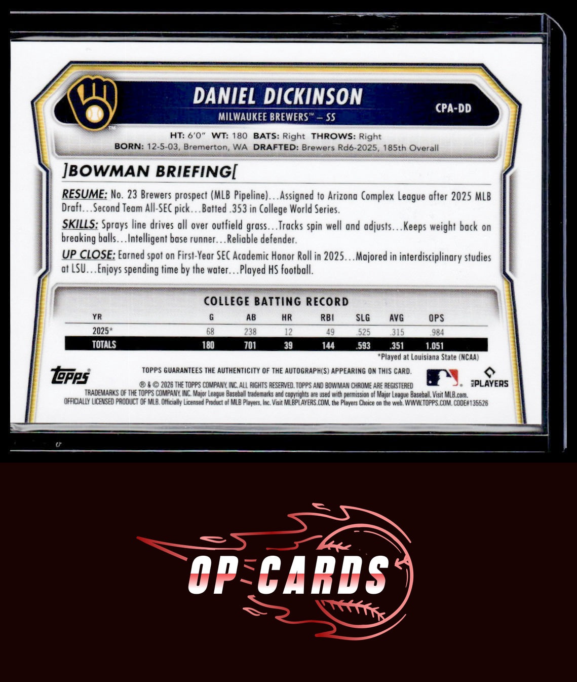Daniel Dickinson 2026 Bowman #CPA-DD Chrome Prospects Autograph