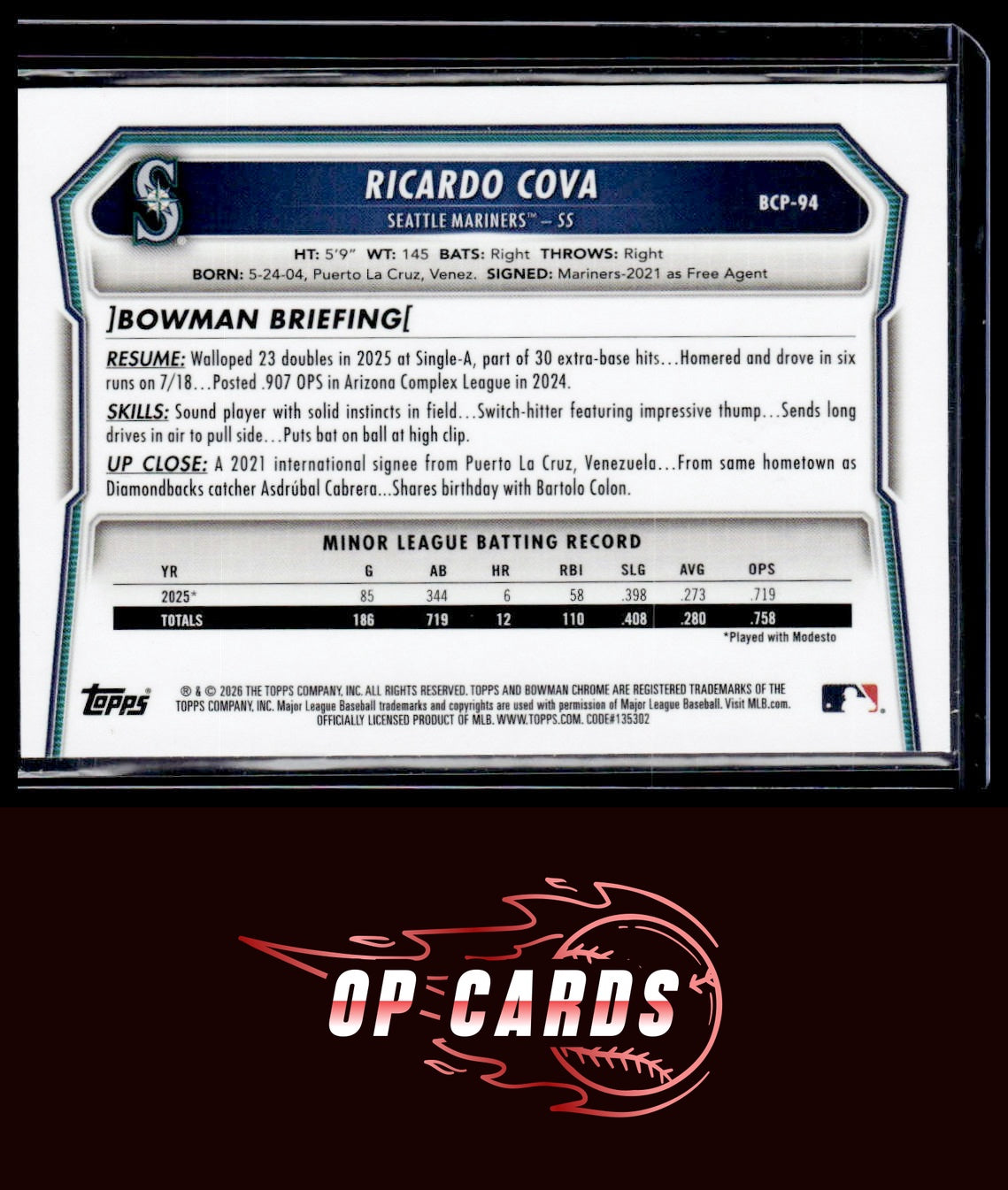 Ricardo Cova 2026 Bowman #BCP-94 Chrome Prospects Speckle Refractor #/299