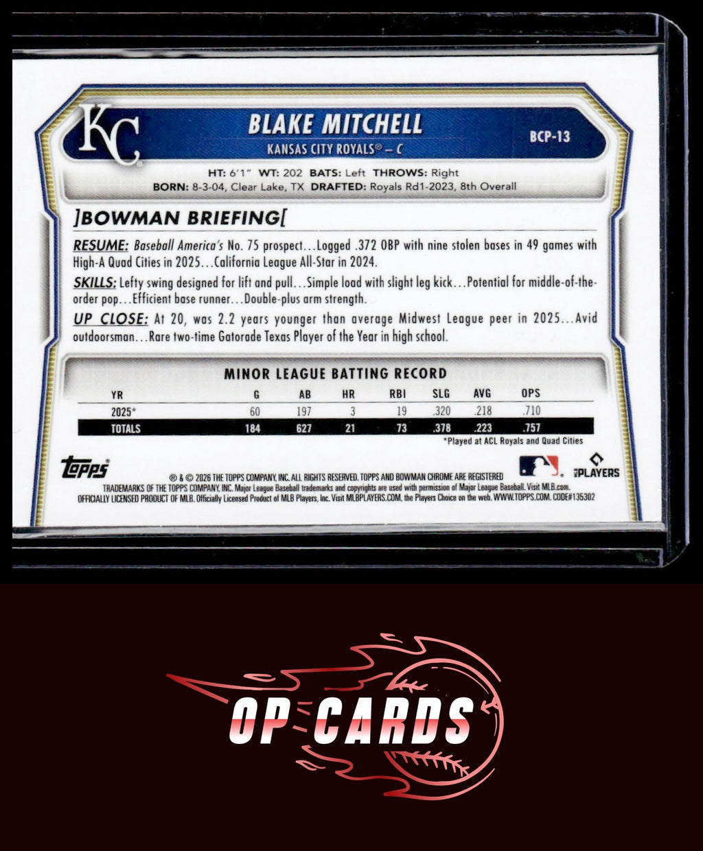 Blake Mitchell 2026 Bowman #BCP-13 Chrome Prospects Fuchsia Refractor #/199