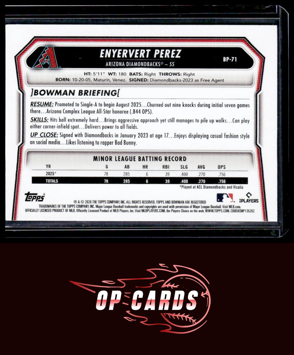 Enyervert Perez 2026 Bowman #BP-71 Prospects Purple #/250