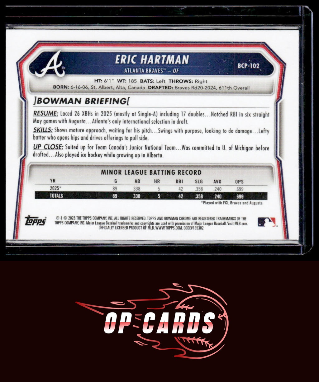 Eric Hartman 2026 Bowman #BCP-102 Chrome Prospects Mini Diamond