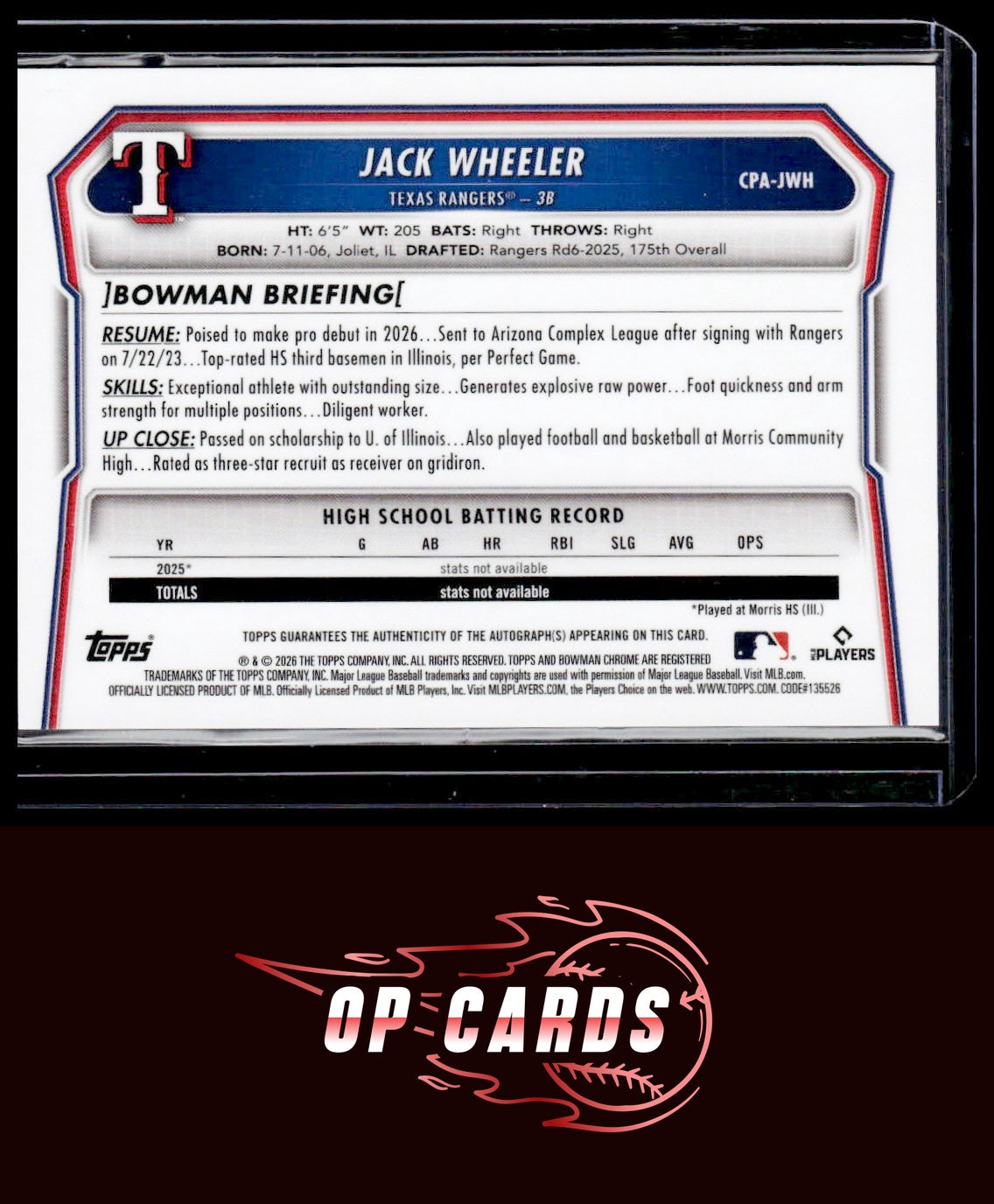 Jack Wheeler 2026 Bowman Chrome Prospects Autograph Blue X-Fractor /150
