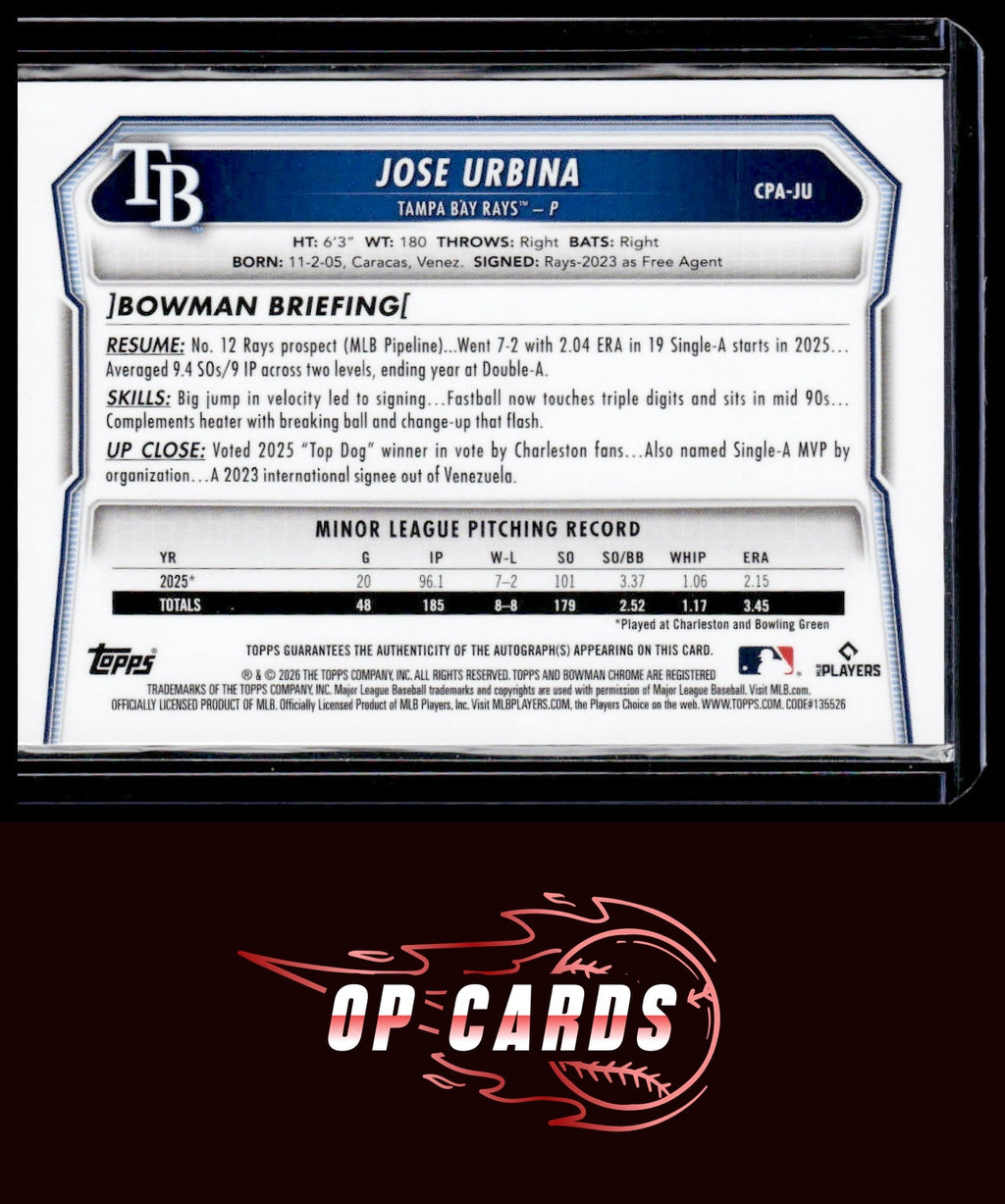 Jose Urbina 2026 Bowman Chrome Prospects Autograph Purple Refractor #/250