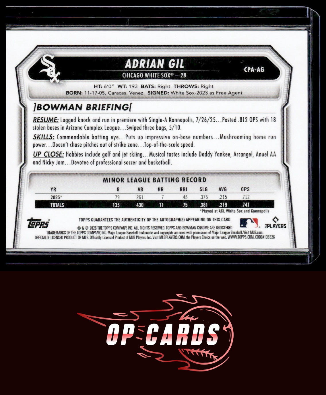 Adrian Gil 2026 Bowman #CPA-AG Chrome Prospects Autograph
