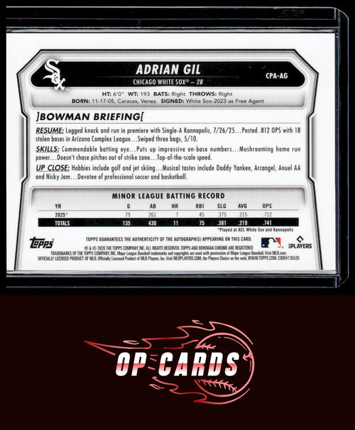 Adrian Gil 2026 Bowman #CPA-AG Chrome Prospects Autograph