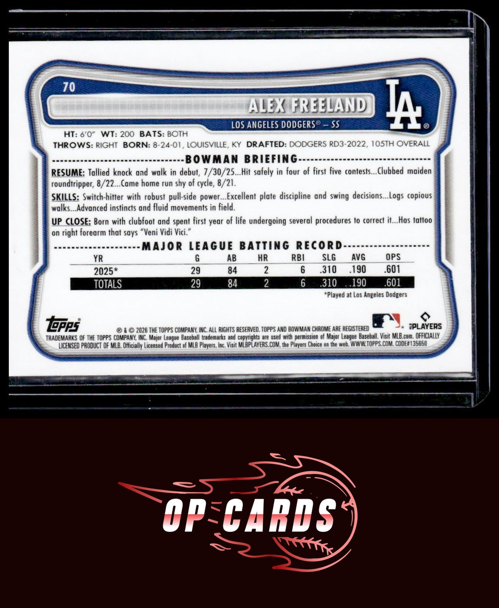 Alex Freeland 2026 Bowman #70 Rookie Red RC Logo