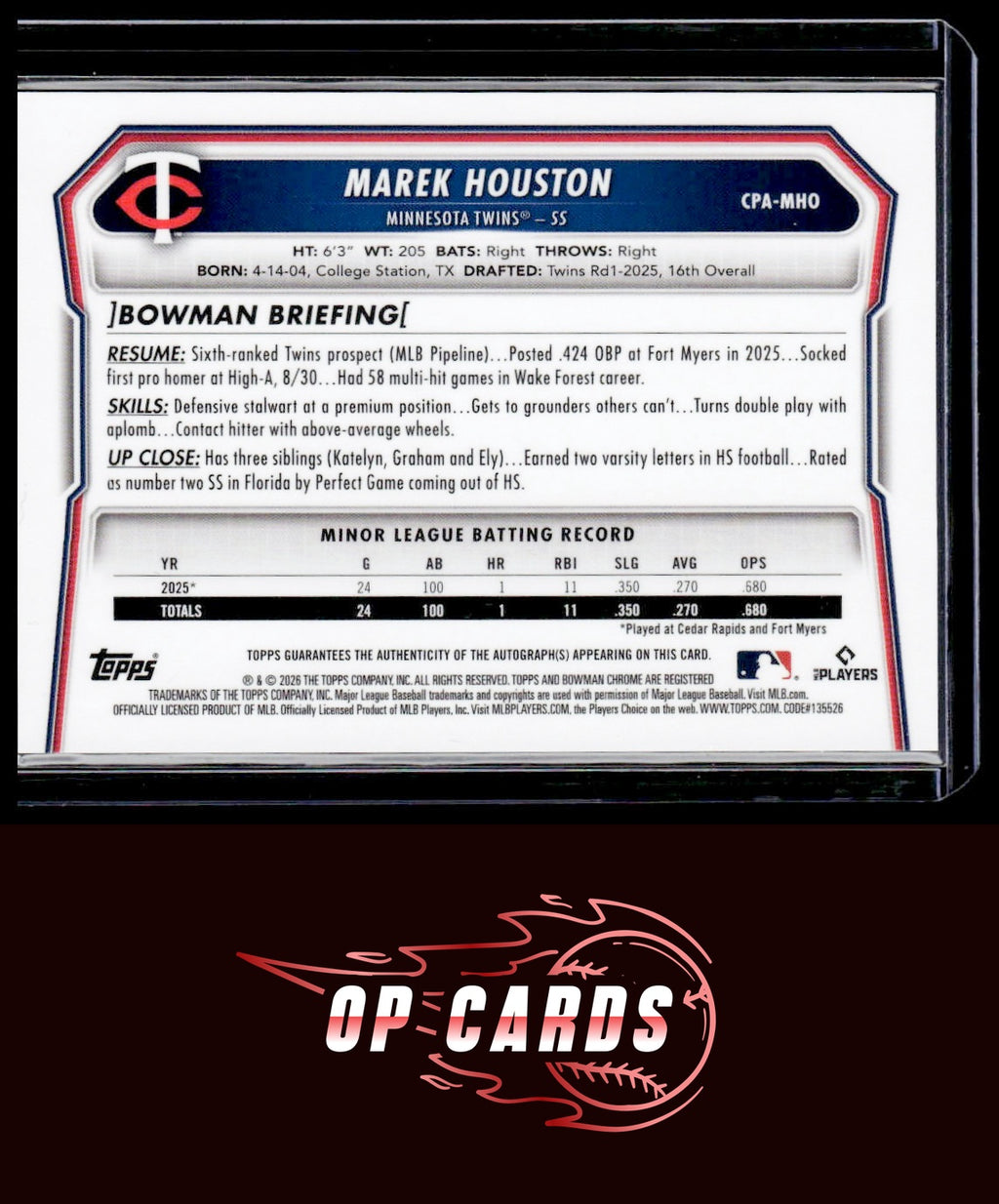 Marek Houston 2026 Bowman Chrome Prospects Autograph Purple Refractor #/250