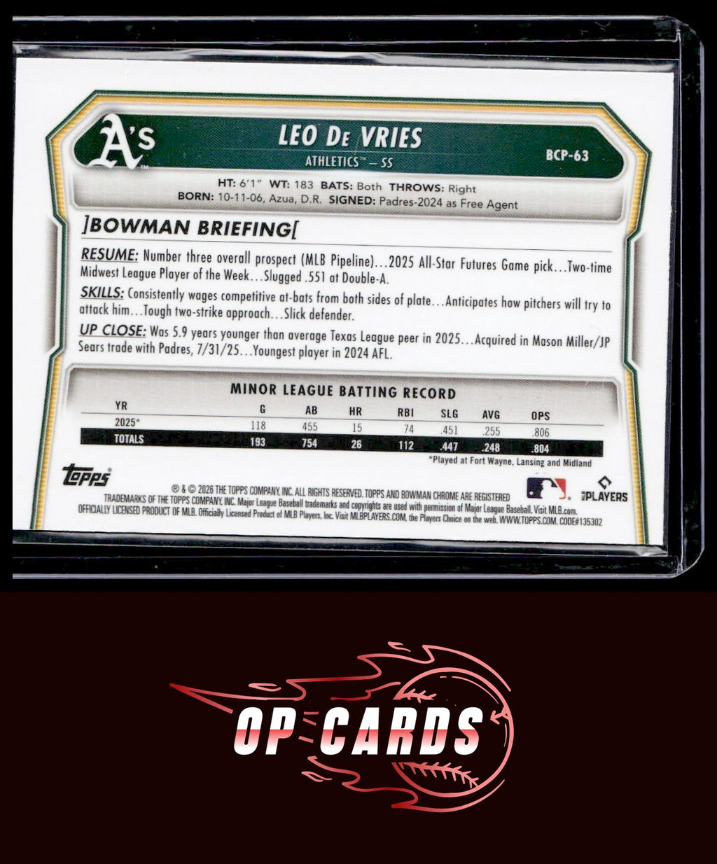 Leo De Vries 2026 Bowman #BCP-63 Chrome Prospects Purple Refractor #/250
