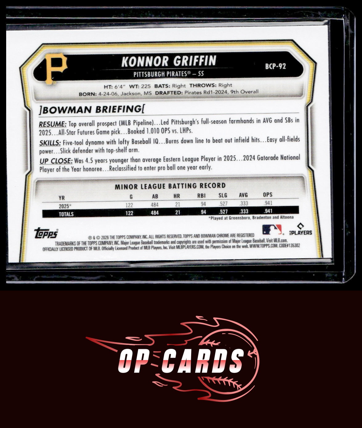 Konnor Griffin 2026 Bowman #BCP-92 Chrome Prospects