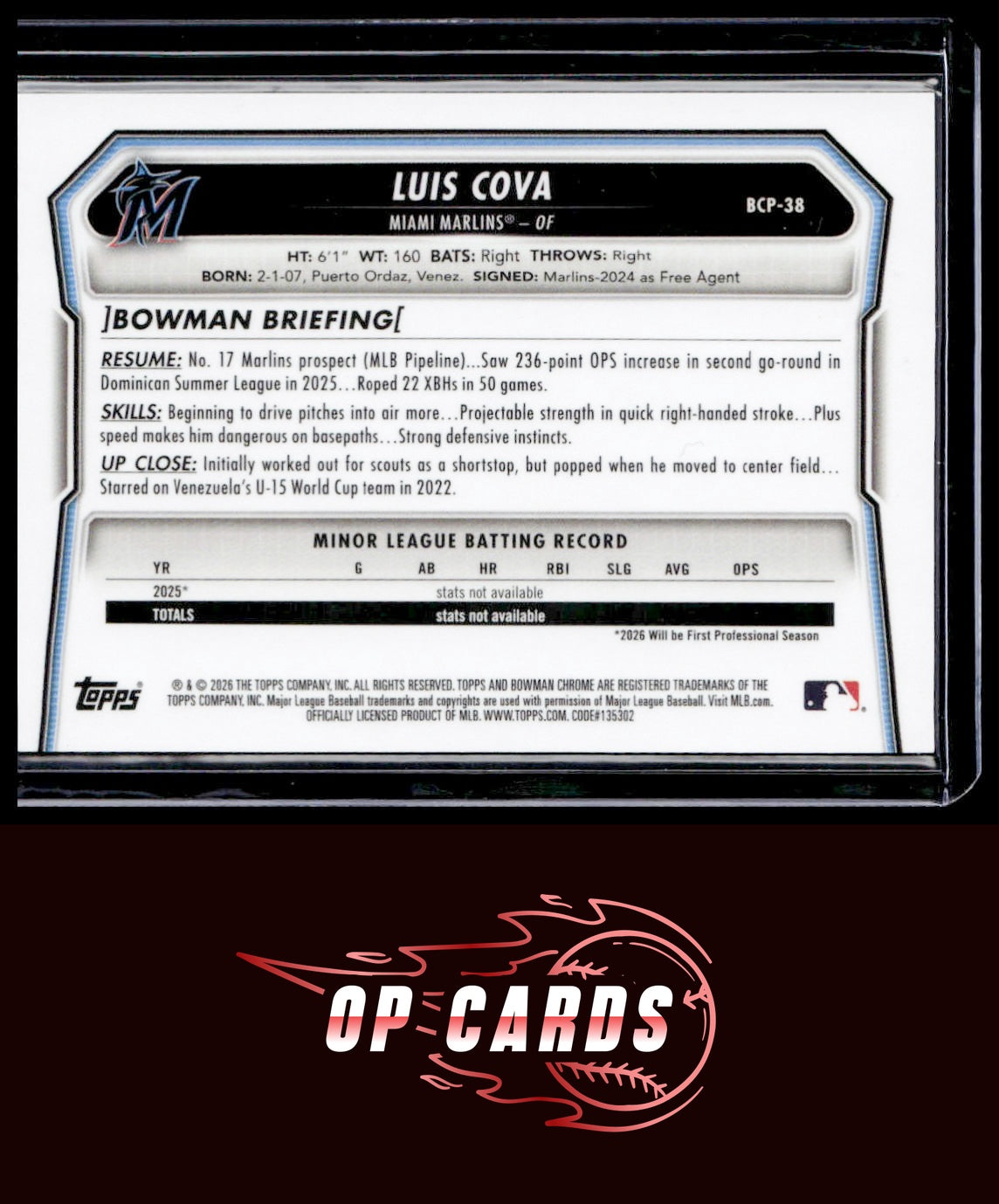 Luis Cova 2026 Bowman #BCP-38 Chrome Prospects Reptilian Refractor