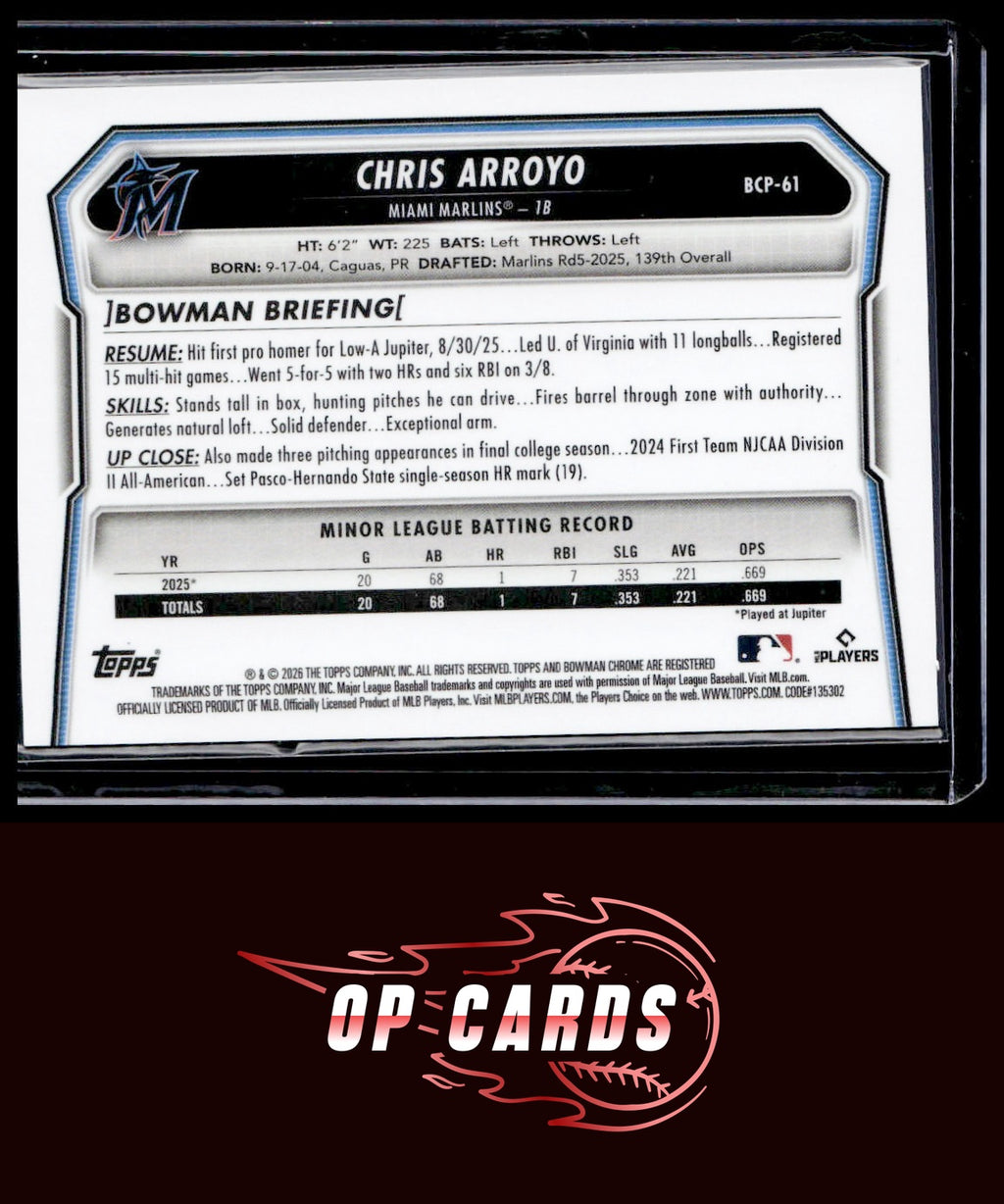 Chris Arroyo 2026 Bowman #BCP-61 Chrome Prospects Reptilian Refractor