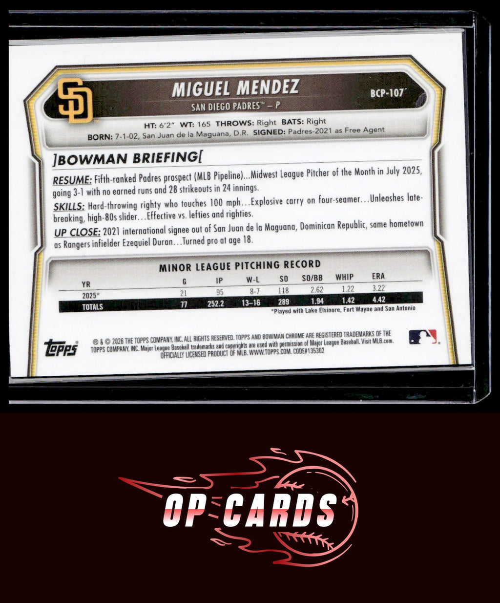 Miguel Mendez 2026 Bowman #BCP-107 Chrome Prospects Reptilian Refractor