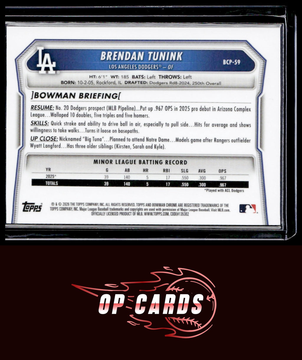 Brendan Tunink 2026 Bowman #BCP-59 Chrome Prospects Reptilian Refractor