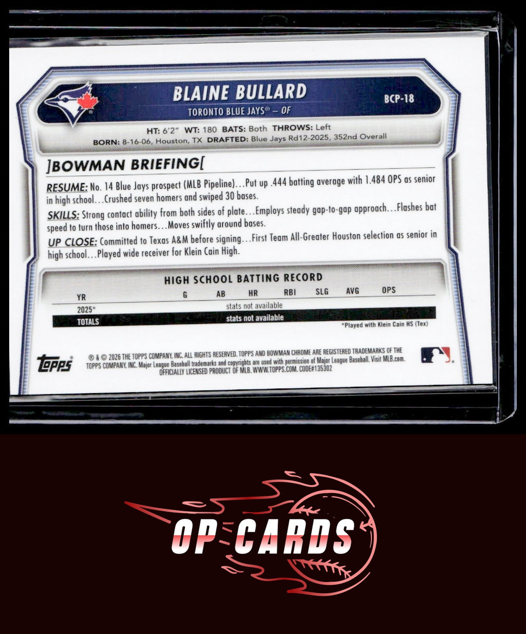 Blaine Bullard 2026 Bowman #BCP-18 Chrome Prospects Reptilian Refractor