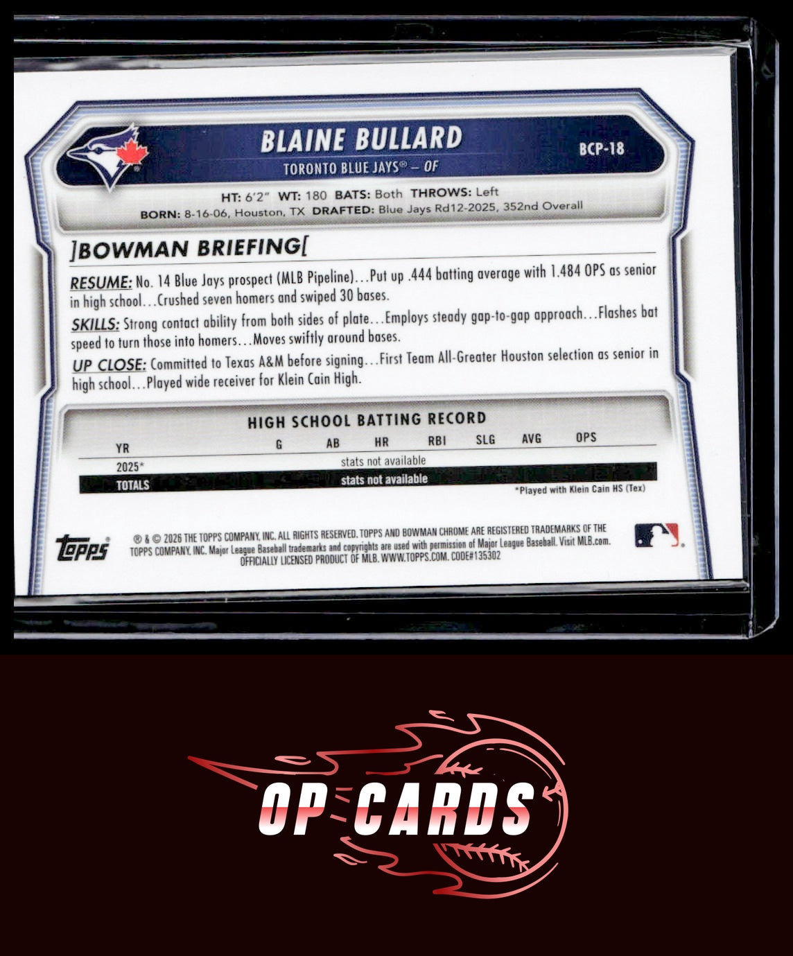 Blaine Bullard 2026 Bowman #BCP-18 Chrome Prospects Reptilian Refractor