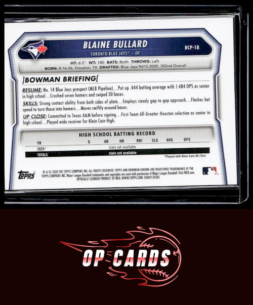 Blaine Bullard 2026 Bowman #BCP-18 Chrome Prospects Reptilian Refractor