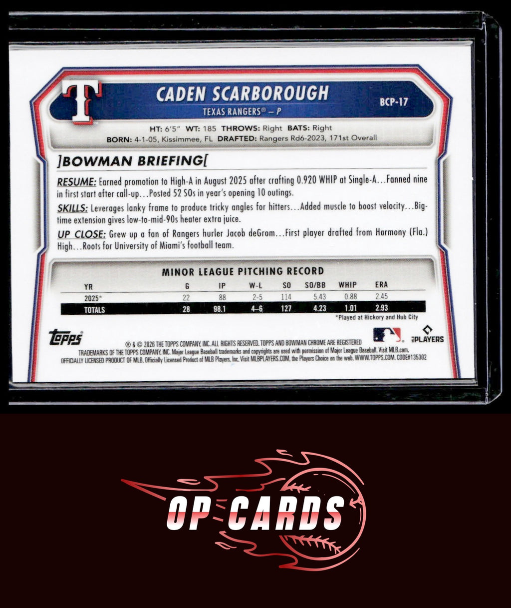 Caden Scarborough 2026 Bowman #BCP-17 Chrome Prospects Reptilian Refractor