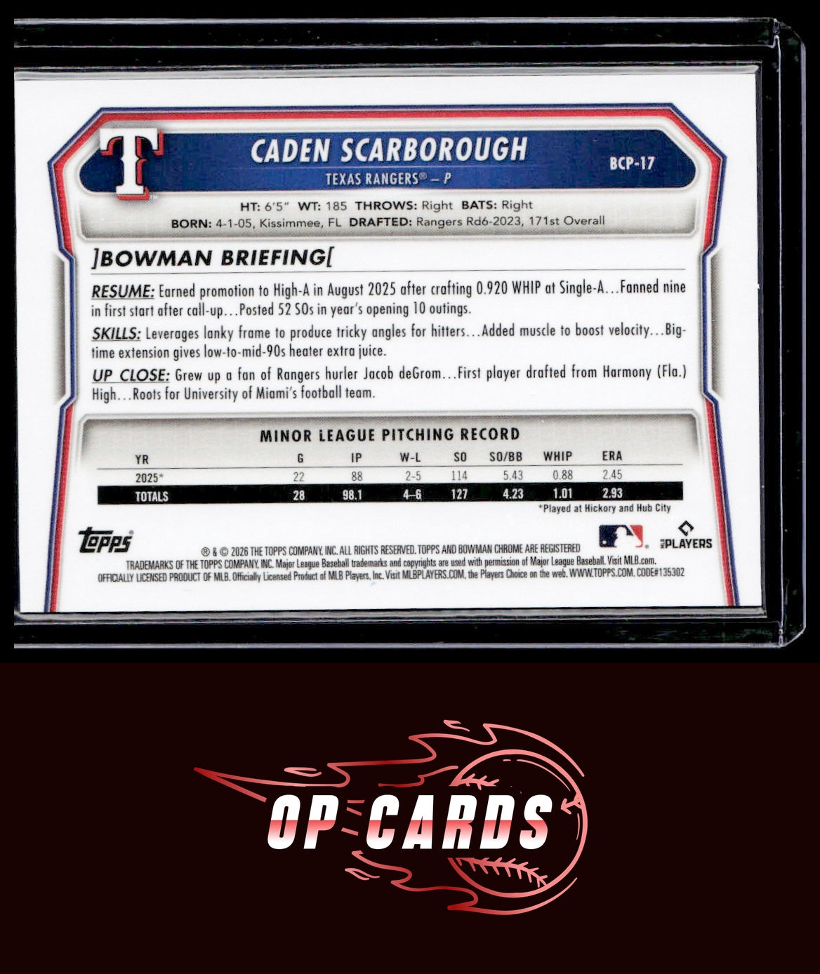 Caden Scarborough 2026 Bowman #BCP-17 Chrome Prospects Reptilian Refractor