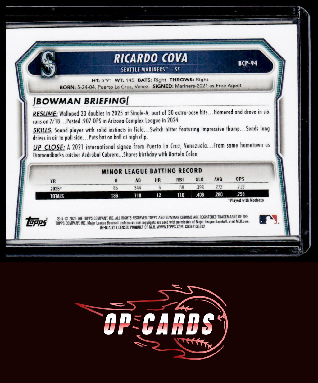 Ricardo Cova 2026 Bowman #BCP-94 Chrome Prospects Mini Diamond