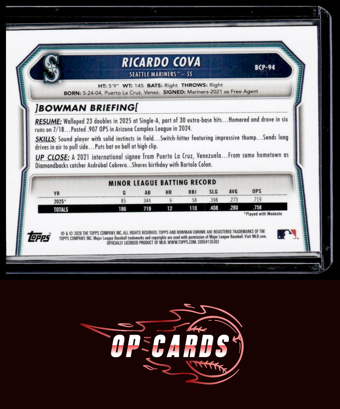 Ricardo Cova 2026 Bowman #BCP-94 Chrome Prospects Mini Diamond