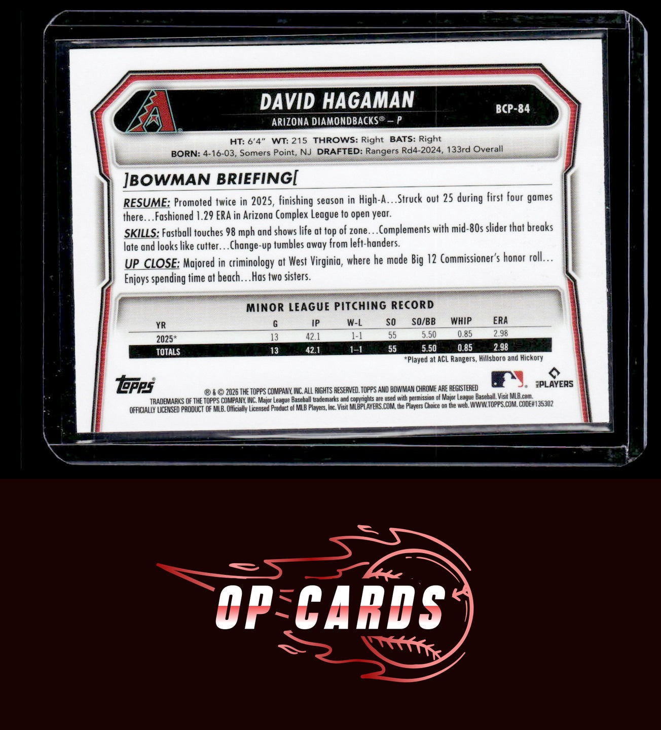 David Hagaman 2026 Bowman #BCP-84 Chrome Prospects Fuchsia Wave Refractor #/199