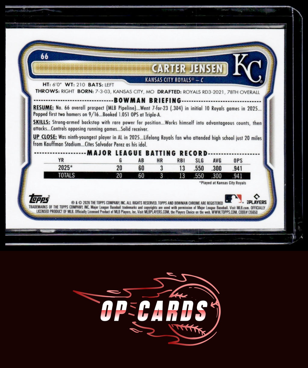 Carter Jensen 2026 Bowman #66 Rookie Red RC Logo