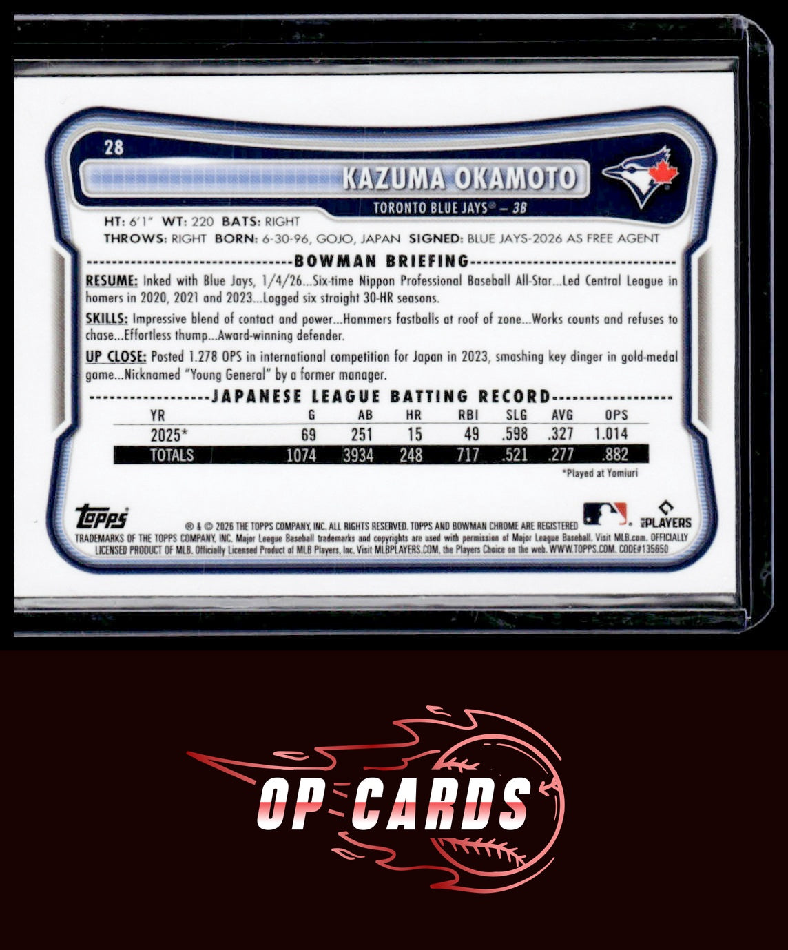 Kazuma Okamoto 2026 Bowman #28 Rookie Red RC Logo