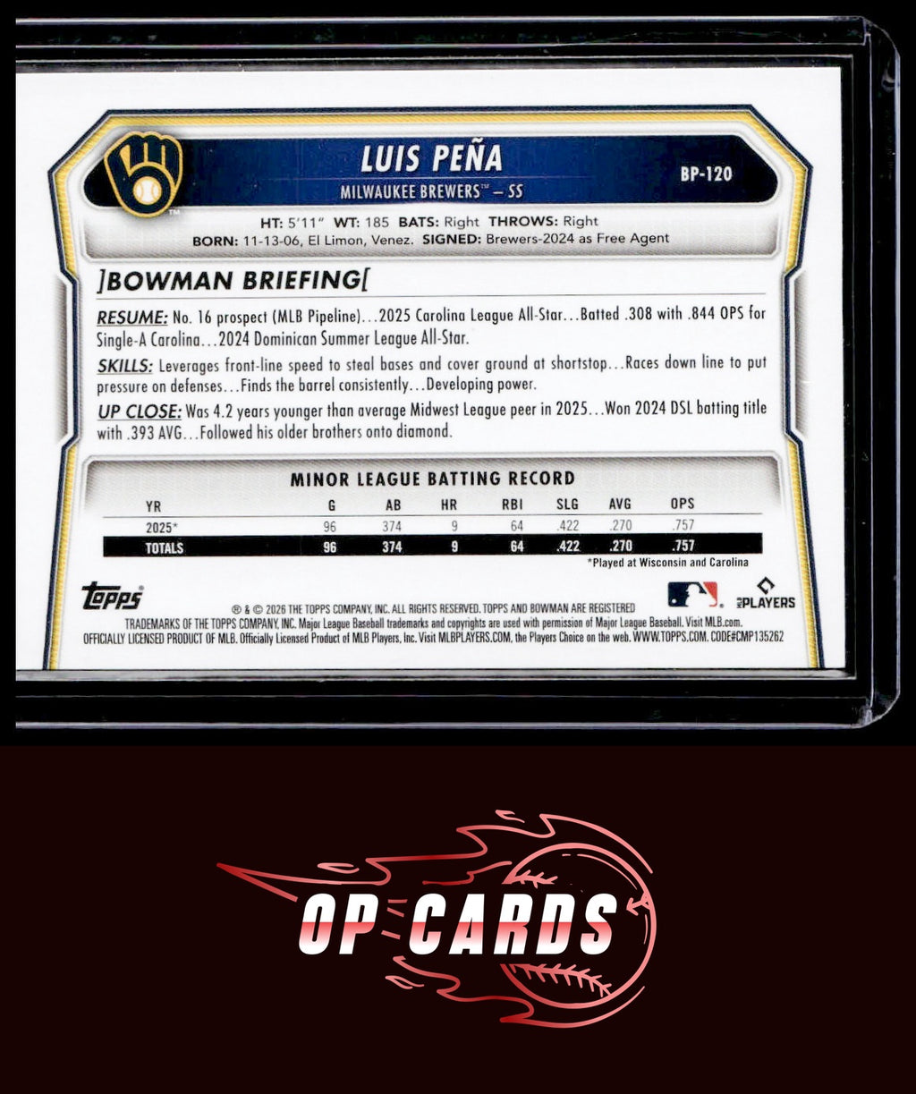 Luis Peña 2026 Bowman #BP-120 Prospects Purple #/250