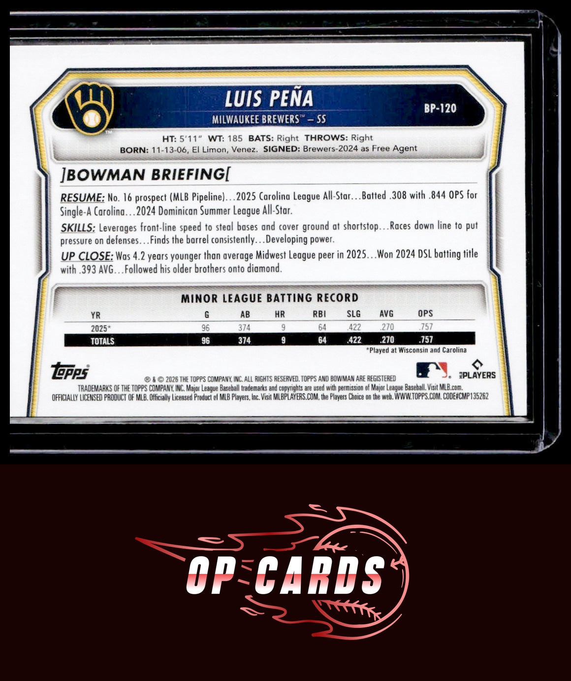 Luis Peña 2026 Bowman #BP-120 Prospects Purple #/250