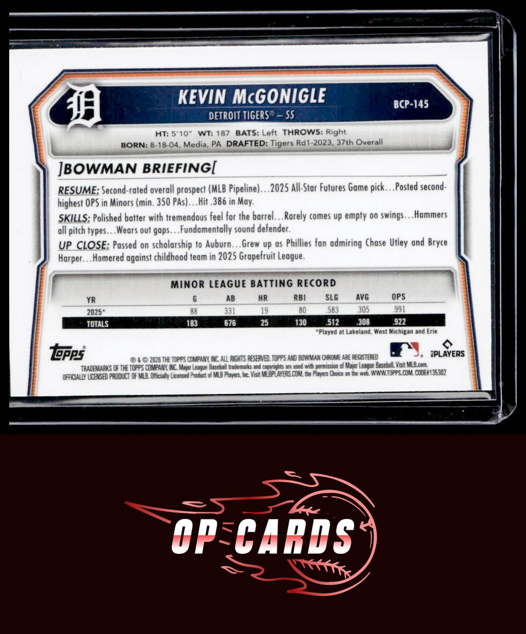 Kevin McGonigle 2026 Bowman #BCP-145 Chrome Prospects