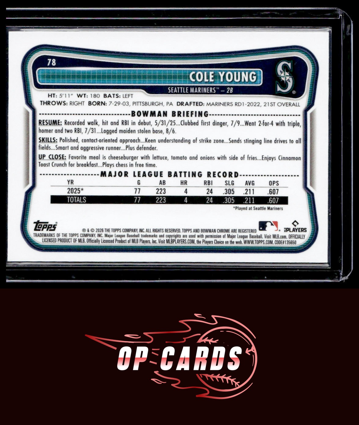 Cole Young 2026 Bowman #78 Rookie Red RC Logo
