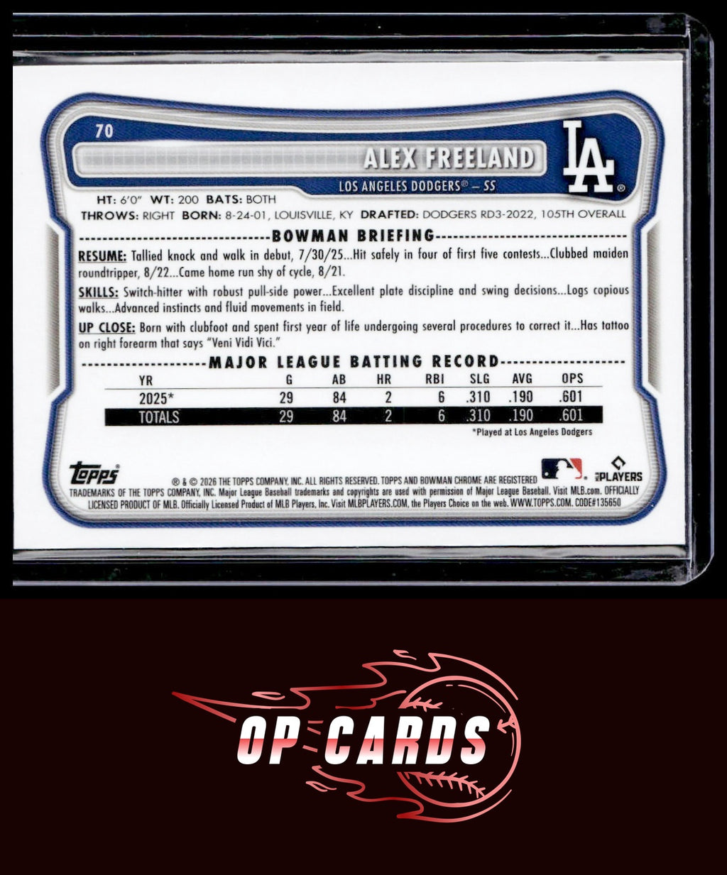 Alex Freeland 2026 Bowman #70 Rookie Red RC Logo
