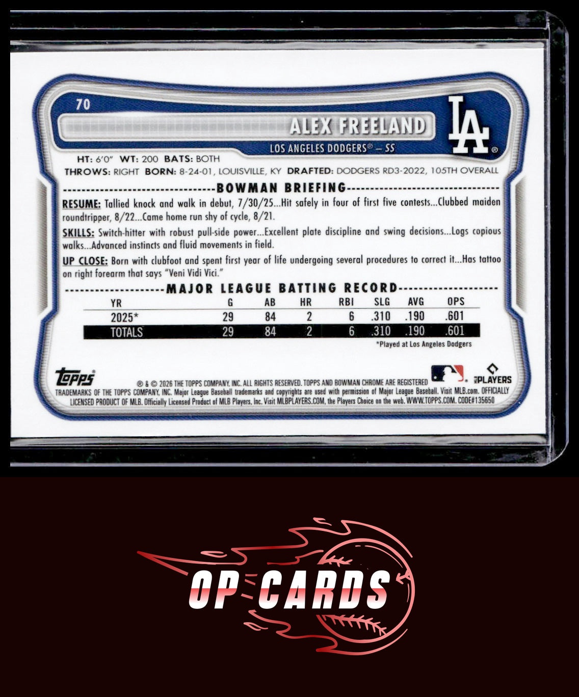 Alex Freeland 2026 Bowman #70 Rookie Red RC Logo