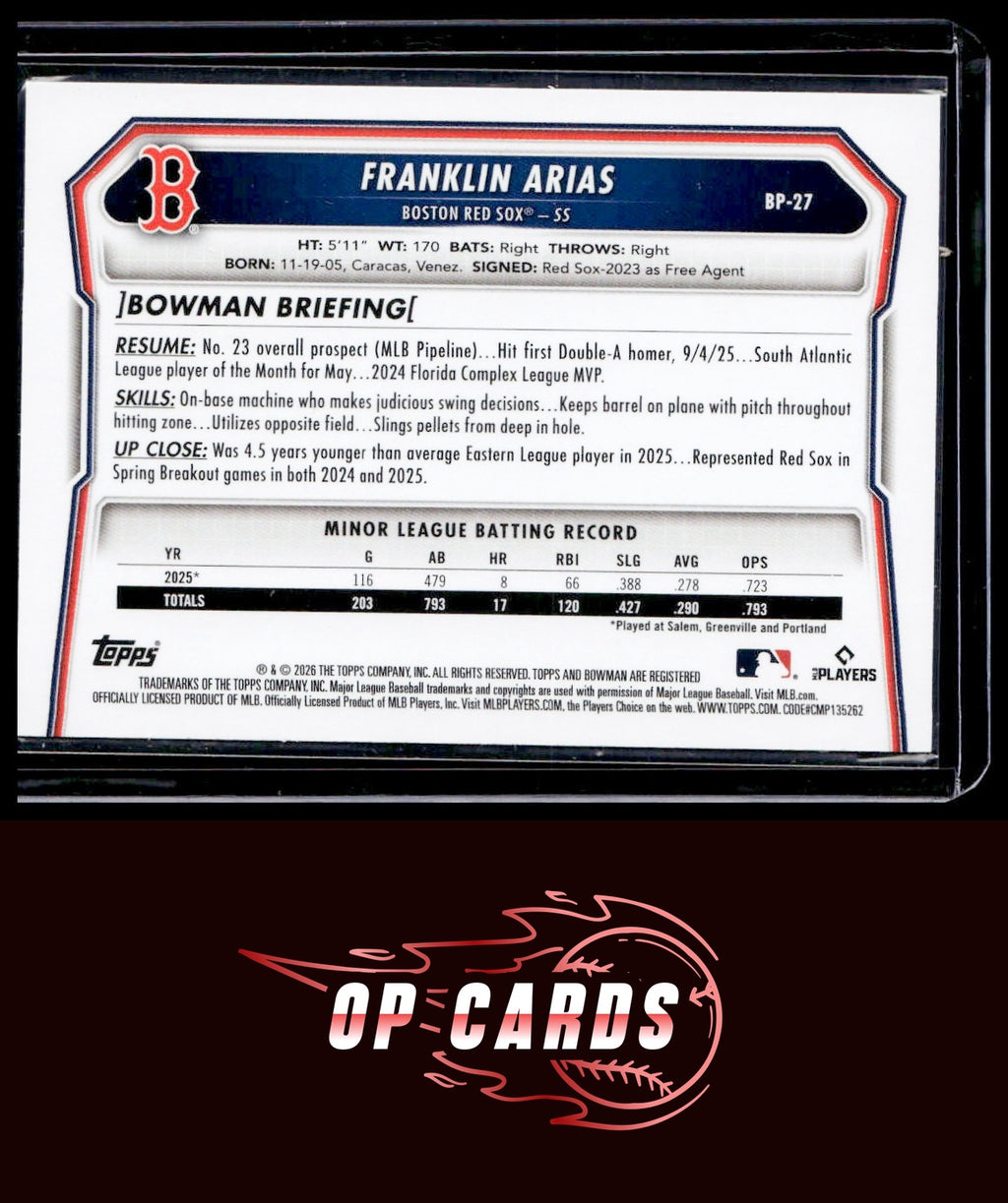 Franklin Arias 2026 Bowman #BP-27 Prospects Gold #/50