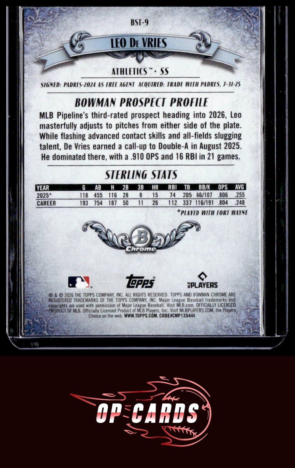 Leo De Vries 2026 Bowman #BST-9 Bowman Sterling