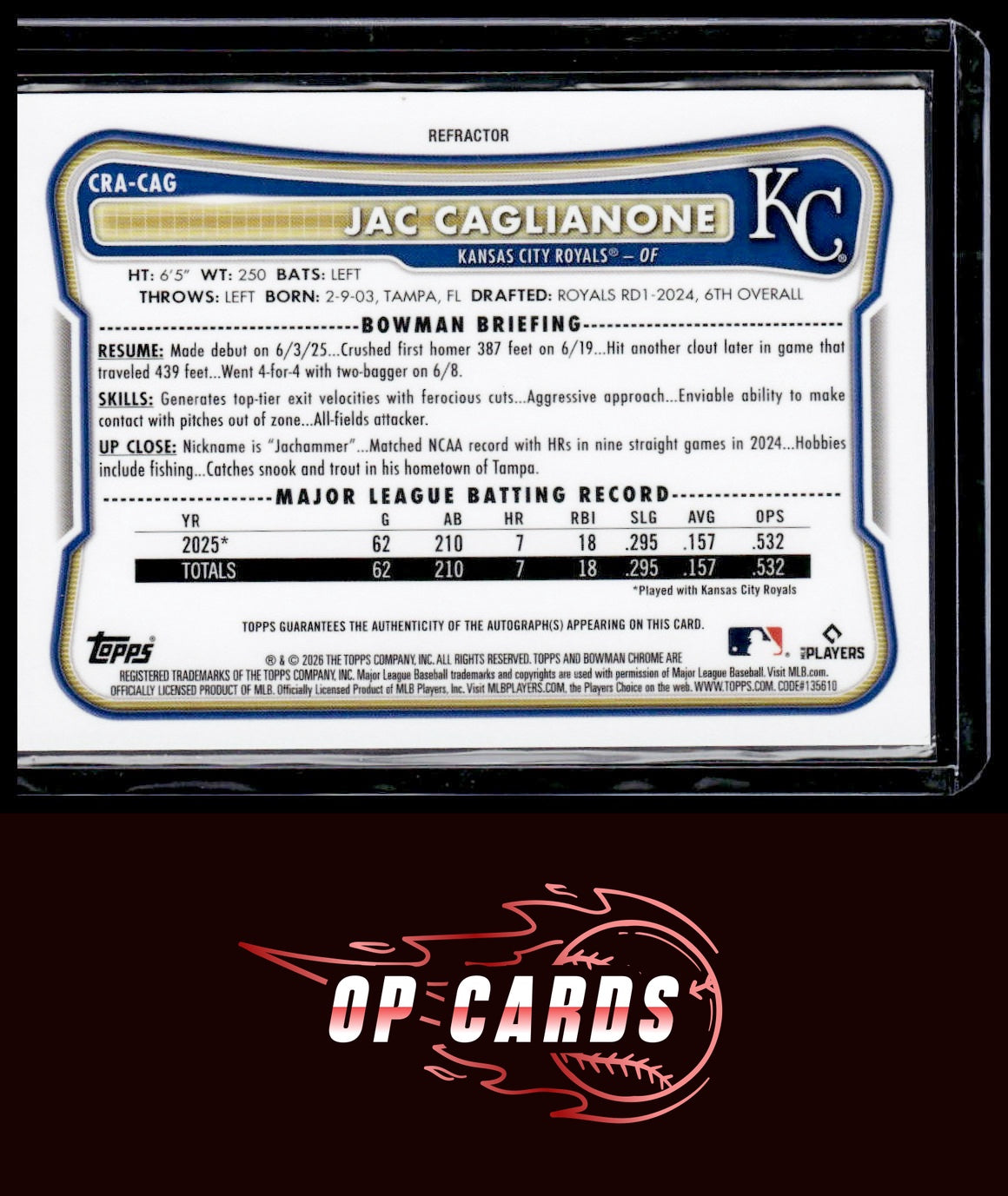 Jac Caglianone 2026 Bowman Chrome Rookie Autograph Refractor /499