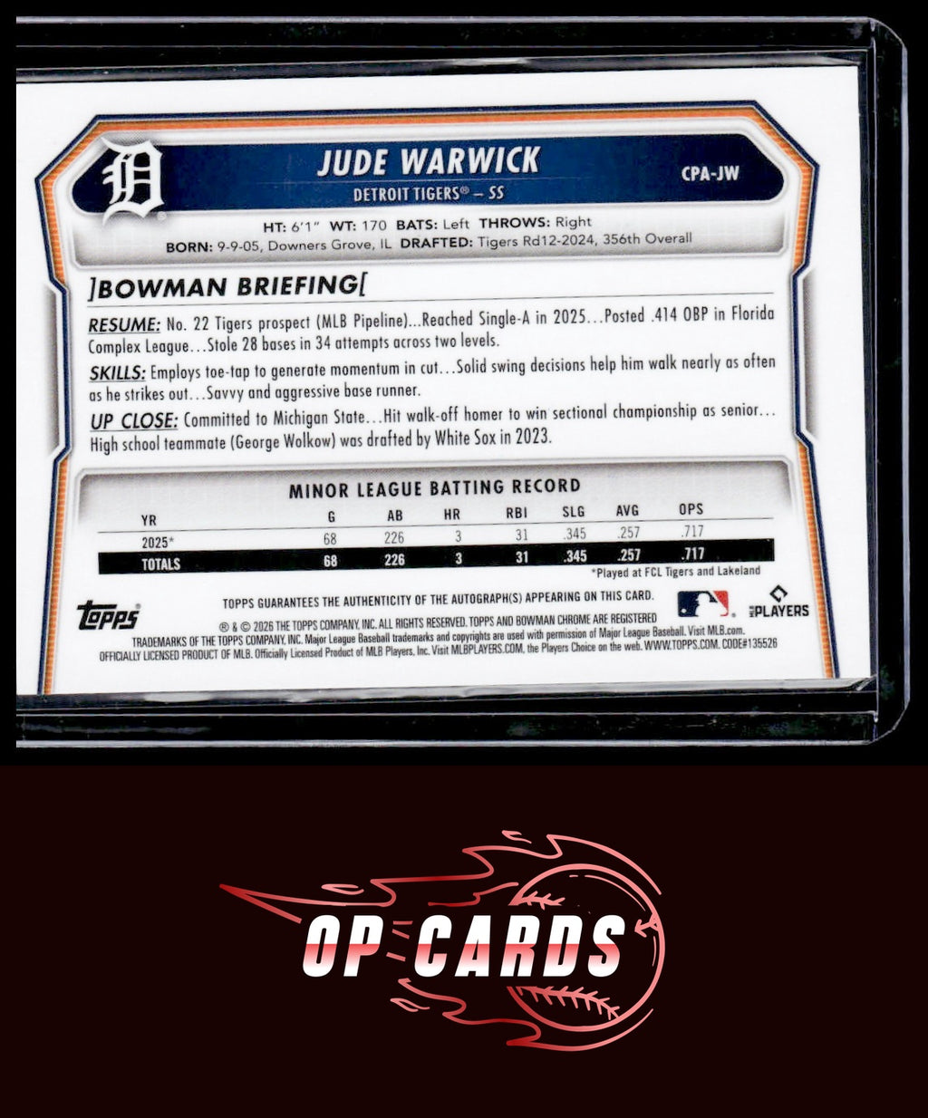 Jude Warwick 2026 Bowman #CPA-JW Chrome Prospects Autograph