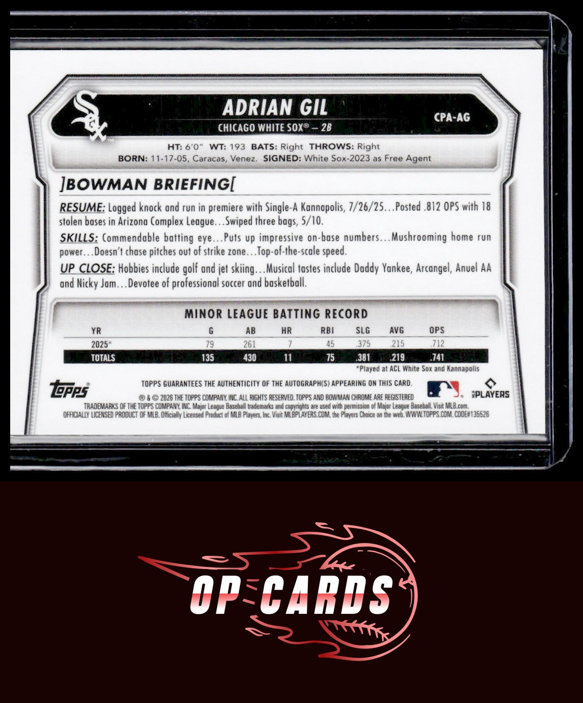 Adrian Gil 2026 Bowman Chrome Prospects Autograph Mini Diamond Refractor #/100