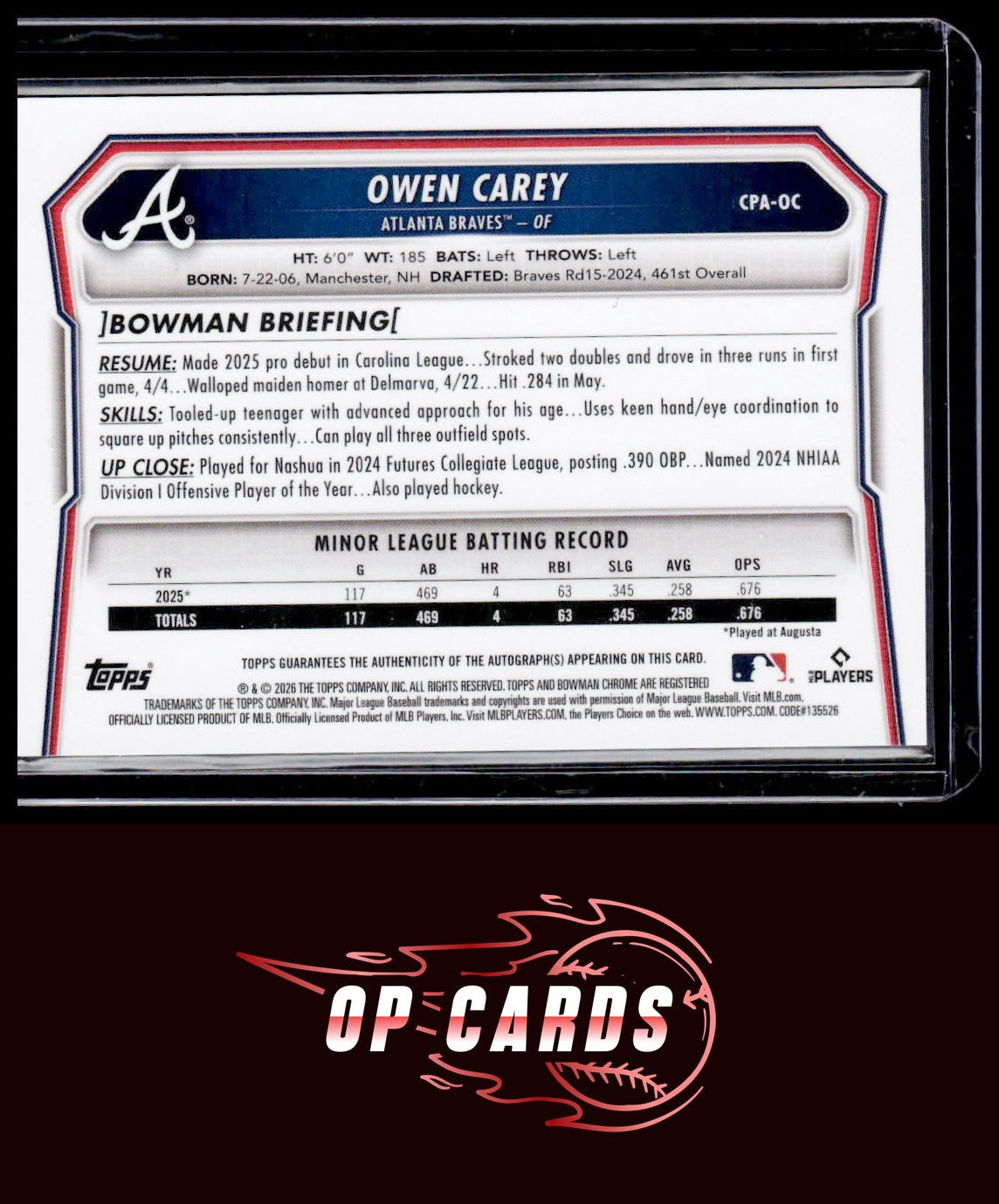 Owen Carey 2026 Bowman #CPA-OC Chrome Prospects Autograph