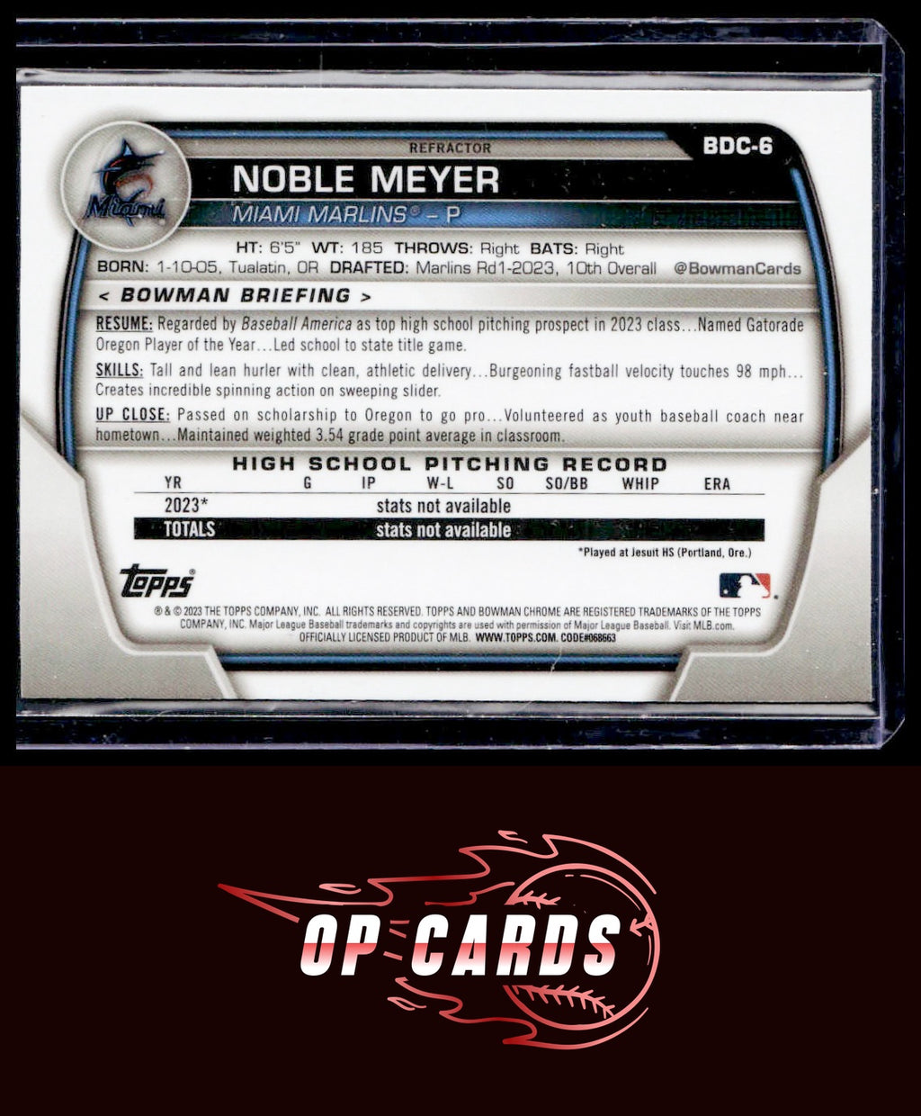 Noble Meyer 2023 Bowman Draft #BDC-6 Chrome Refractor