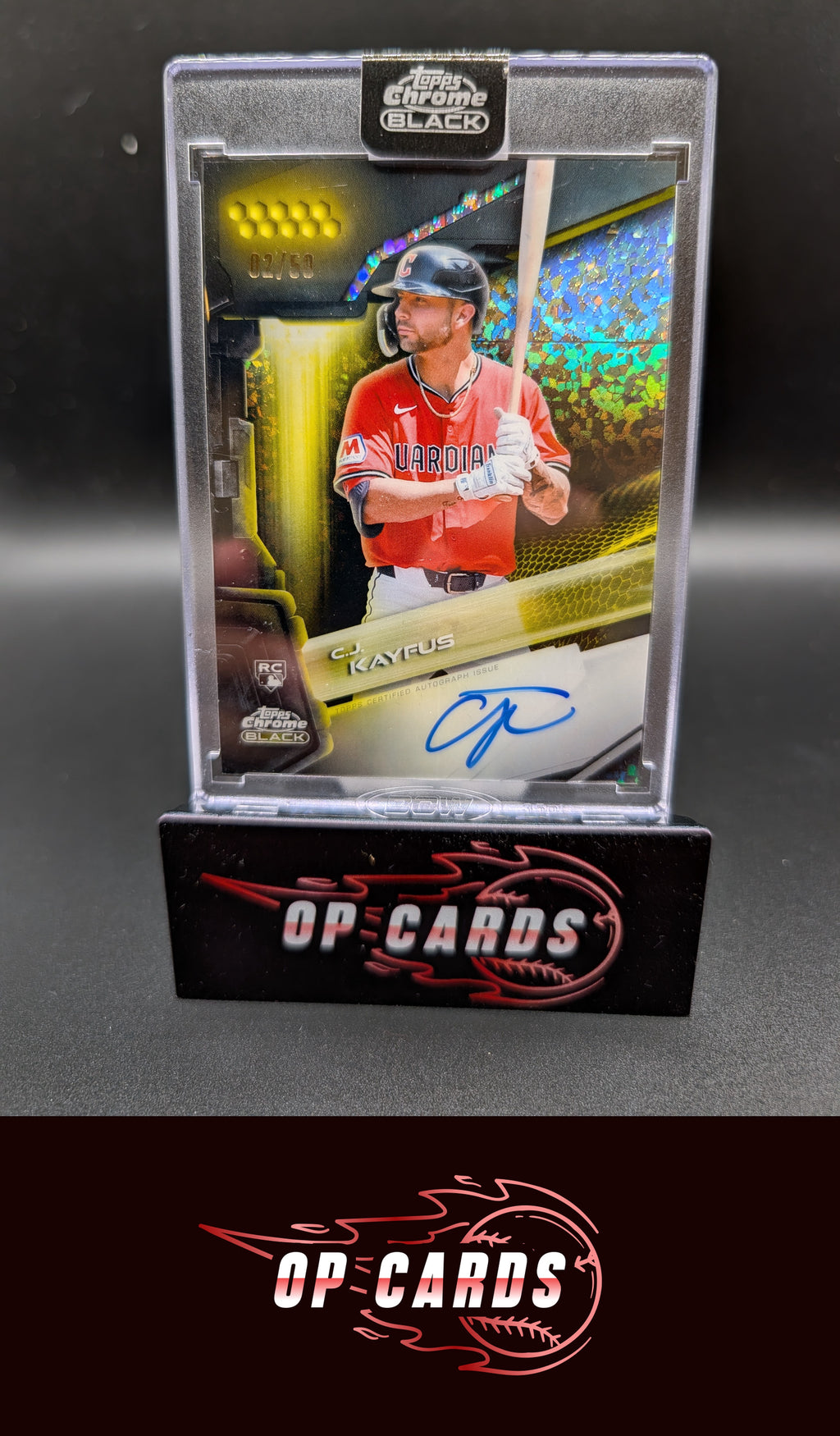 C.J. Kayfus 2026 Topps Chrome Black Autographs Gold Mini-Diamond Refractor #/50