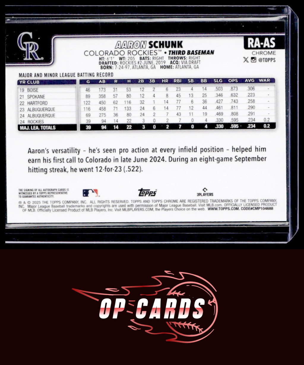 Aaron Schunk 2025 Topps Chrome Rookie Autograph Purple Speckle Refractors #/299