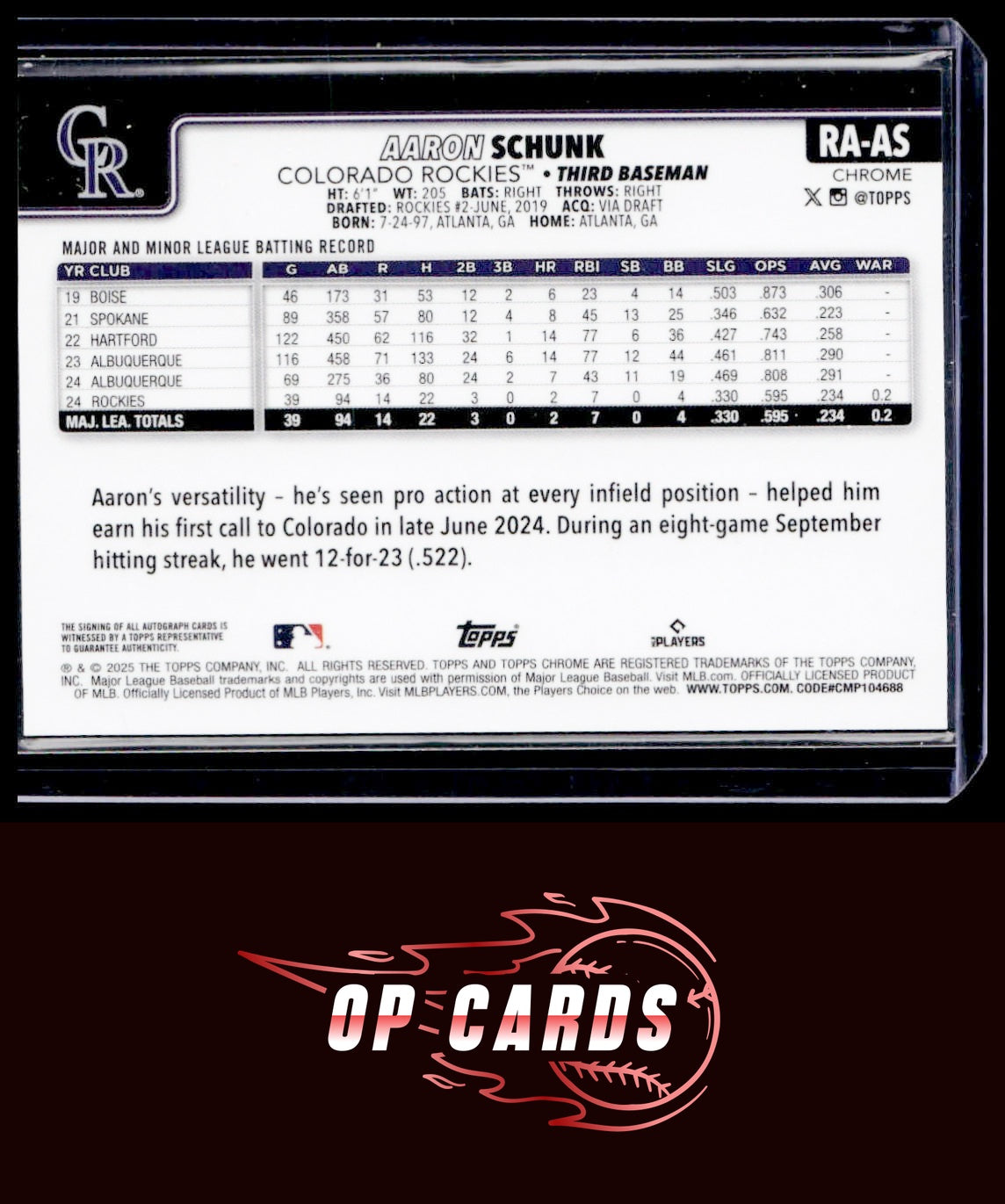 Aaron Schunk 2025 Topps Chrome Rookie Autograph Purple Speckle Refractors #/299