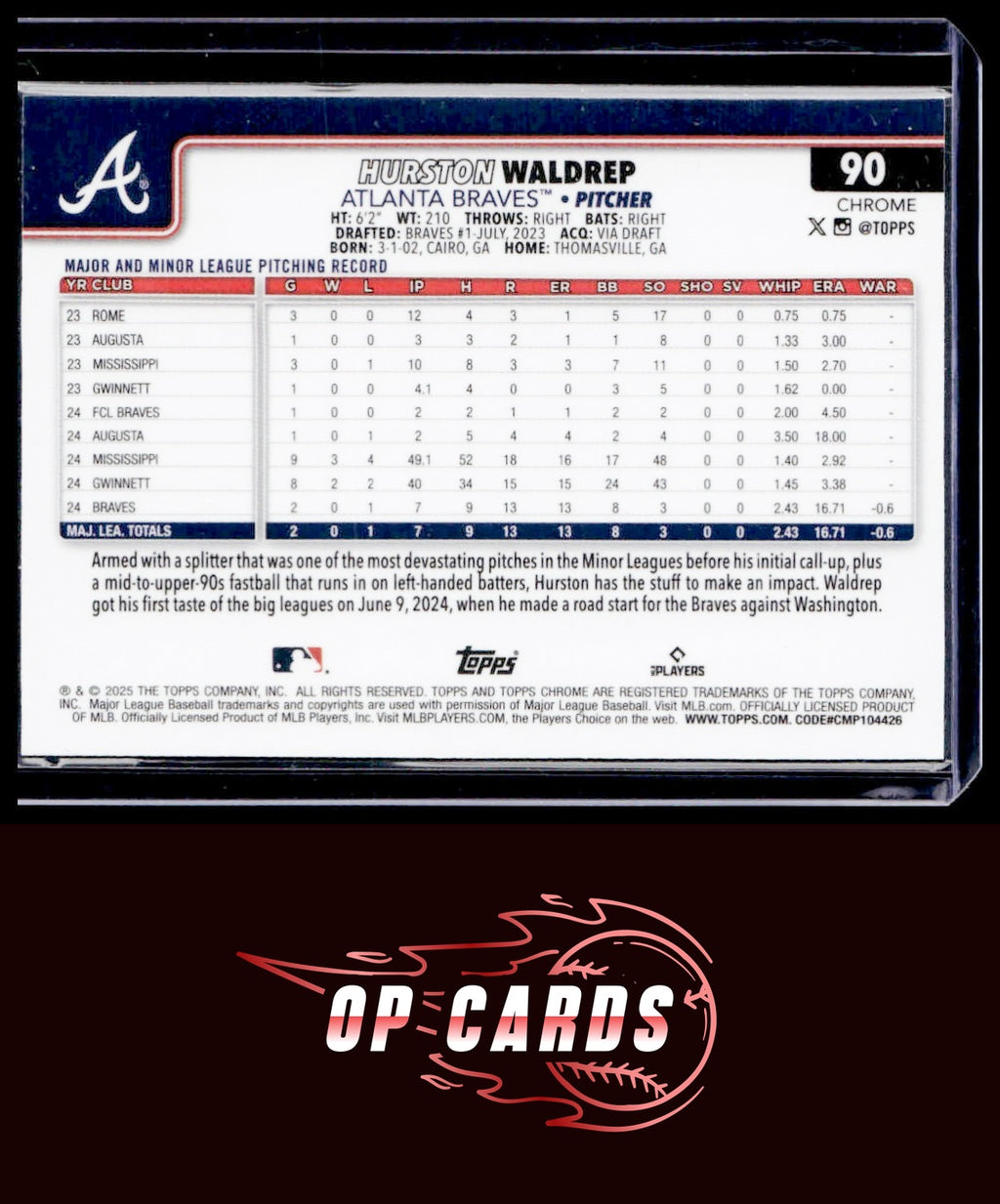 Hurston Waldrep 2025 Topps Chrome #90 Aqua Refractors #/199