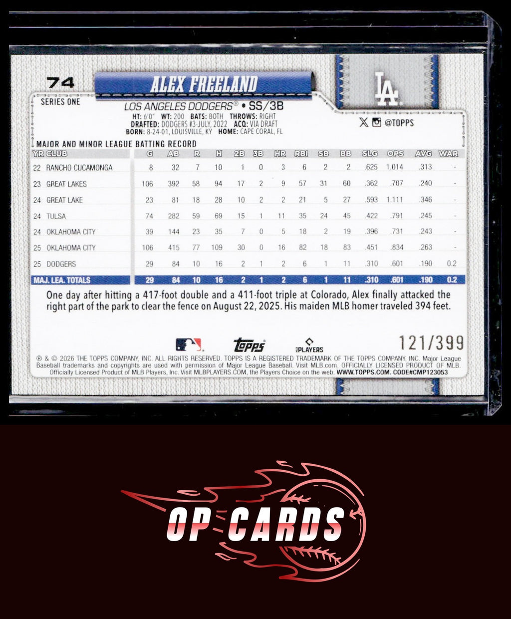 Alex Freeland 2026 Topps #74 Yellow Holo Foil #/399