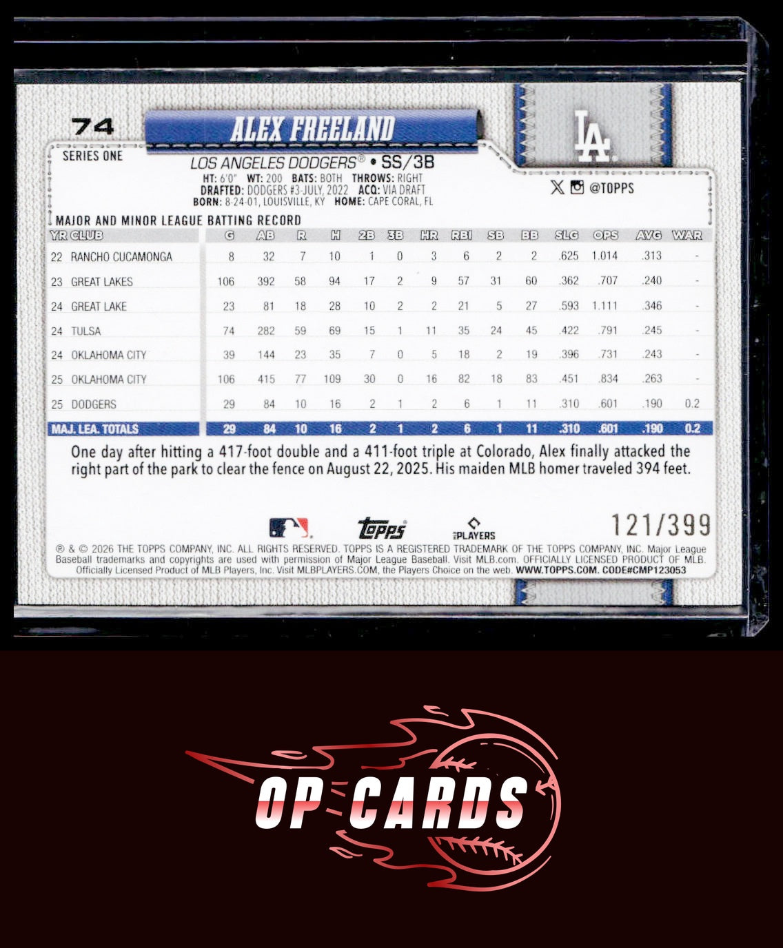 Alex Freeland 2026 Topps #74 Yellow Holo Foil #/399